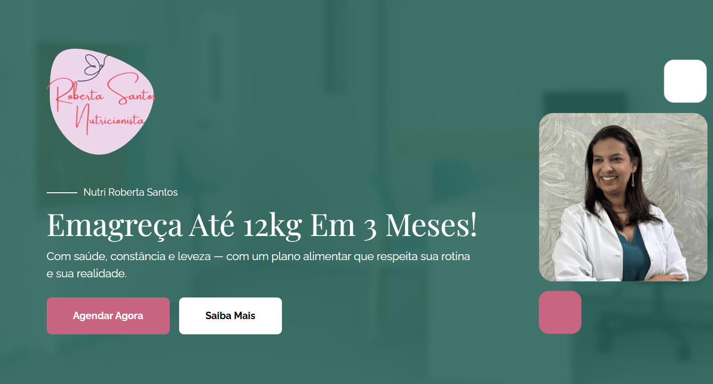 Proposta de emagrecimento saudável na landing page da nutricionista Roberta Santos