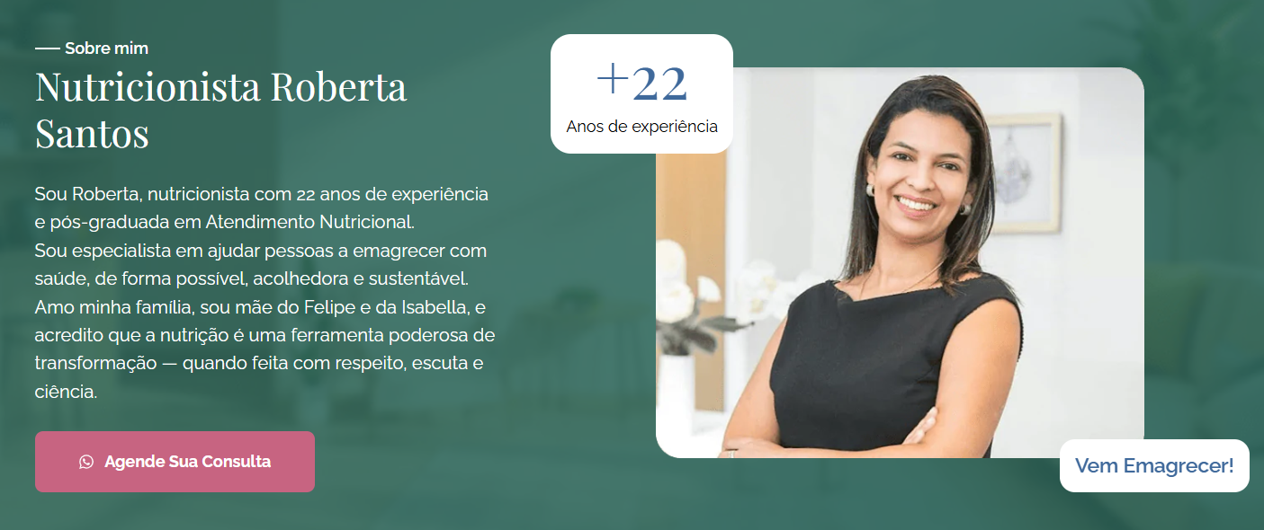 Apresentação profissional na landing page da nutricionista Roberta Santos