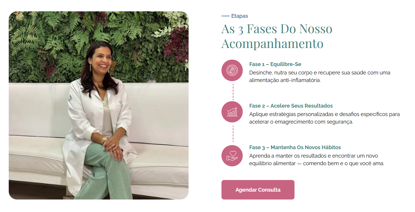 Etapas do acompanhamento na landing page da nutricionista Roberta Santos