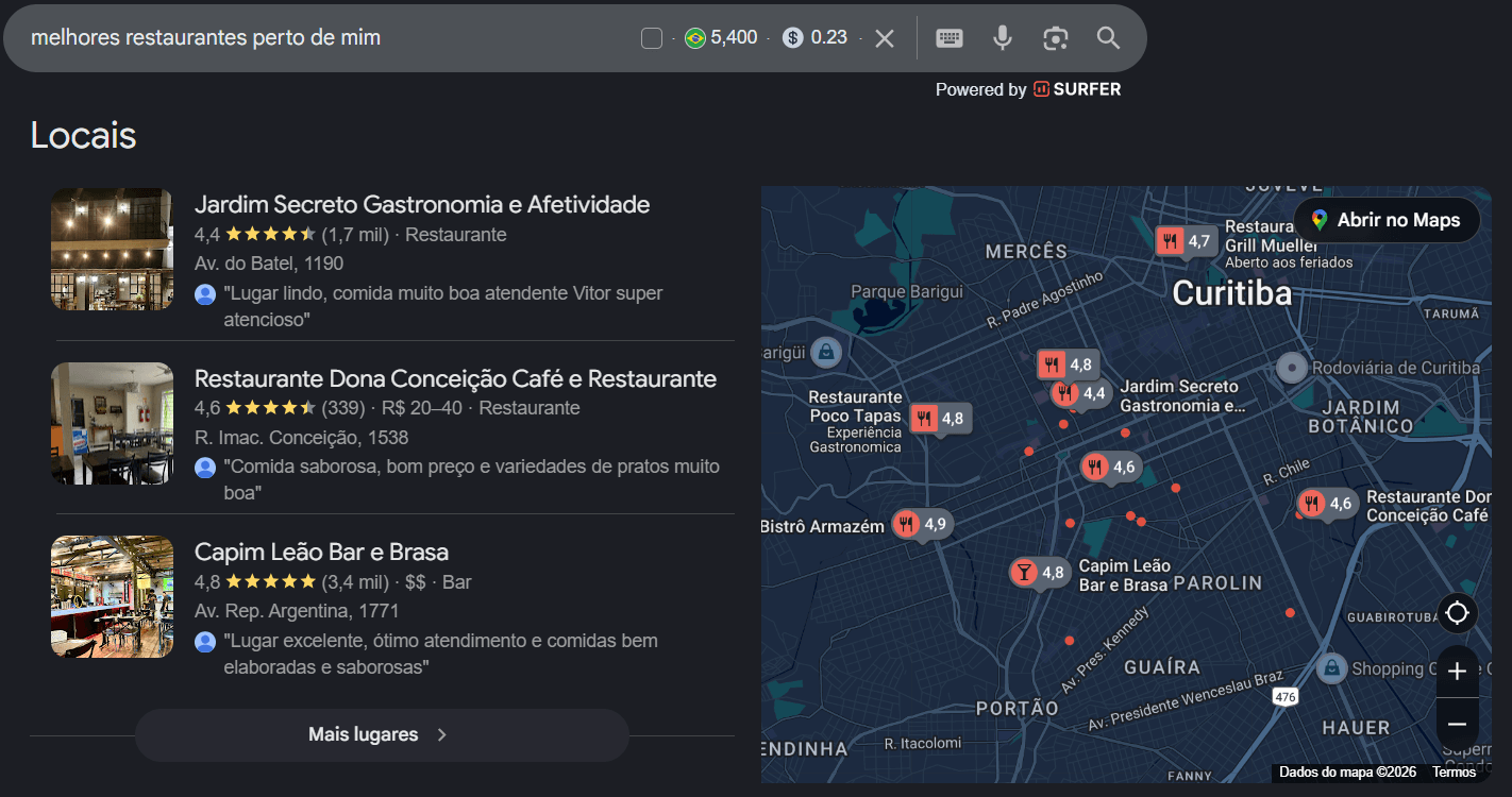 Pesquisa local no Google para encontrar um negócio próximo